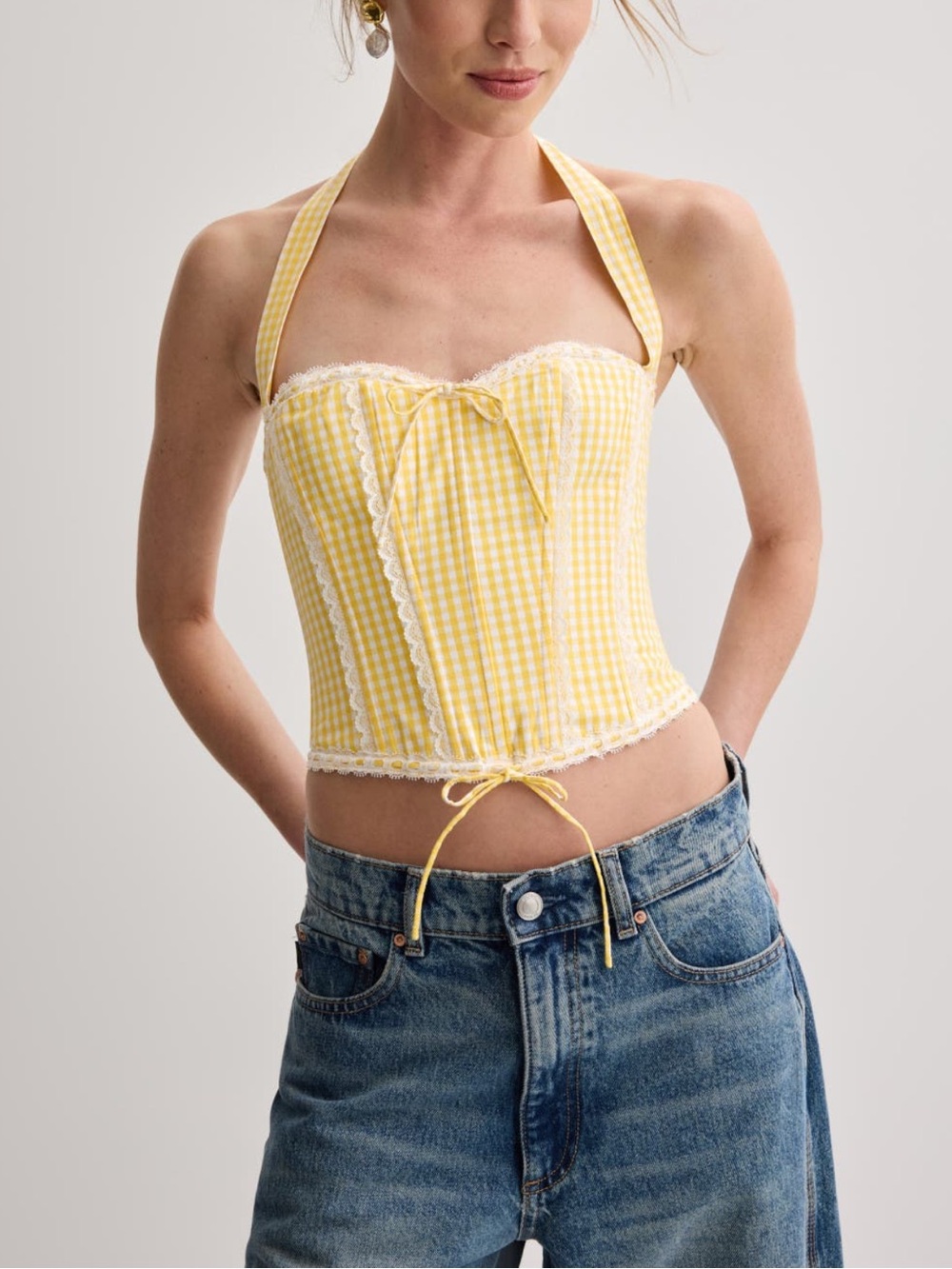 GUIZIO gingham lace corset top